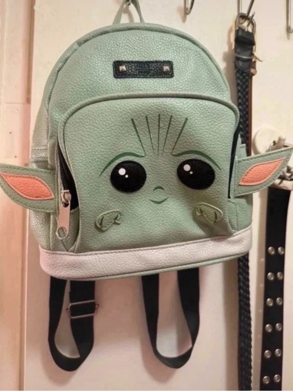 Star Wars Baby Yoda Kids Backpack in Mint Green and White with Pink Ear Accents